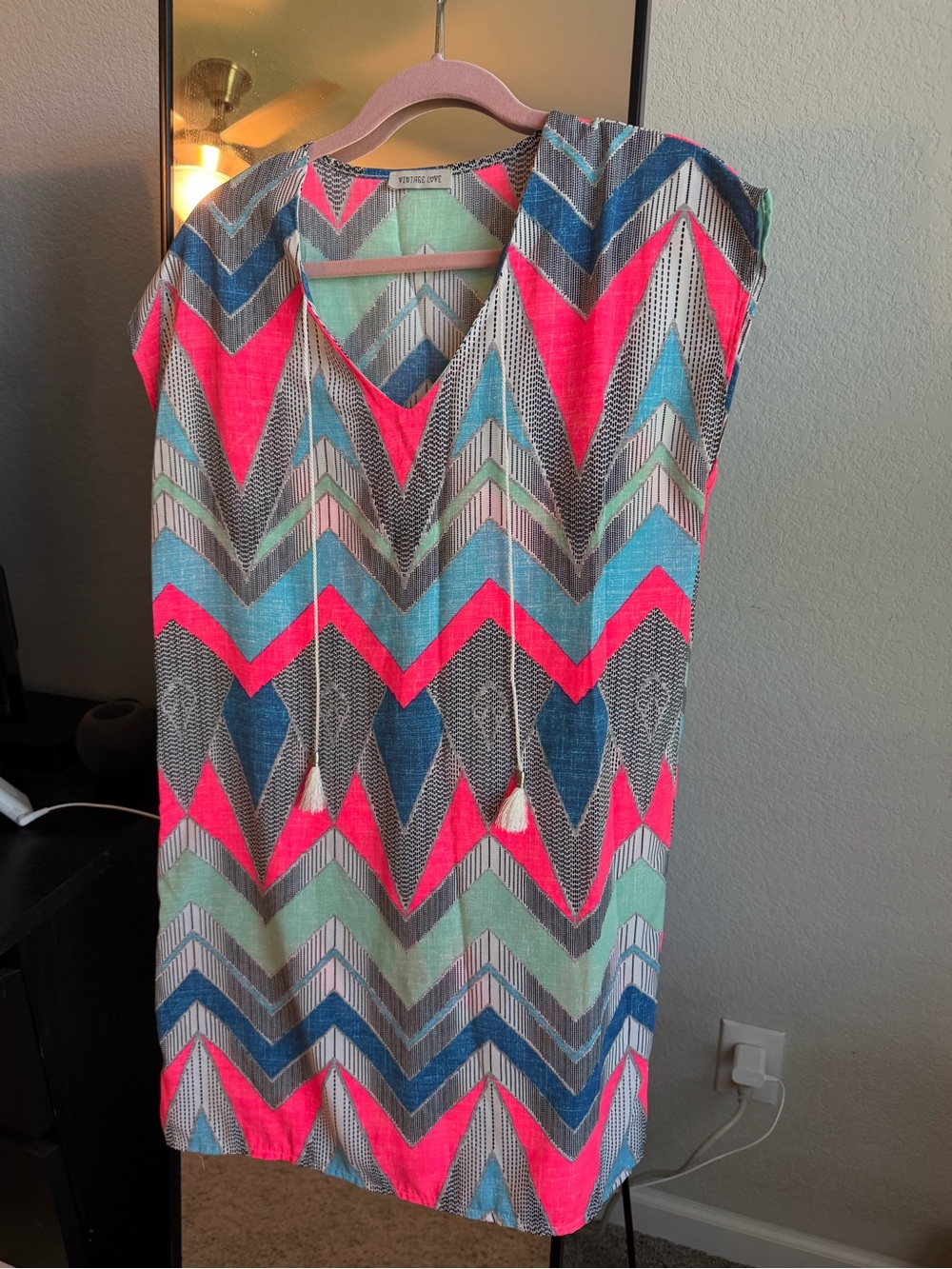 Vibrant Chevron Tunic Dress with Tassel Tie